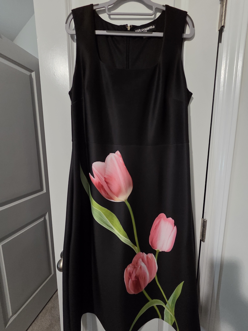 Karl Lagerfeld Black Midi Dress with Pink Tulip Print